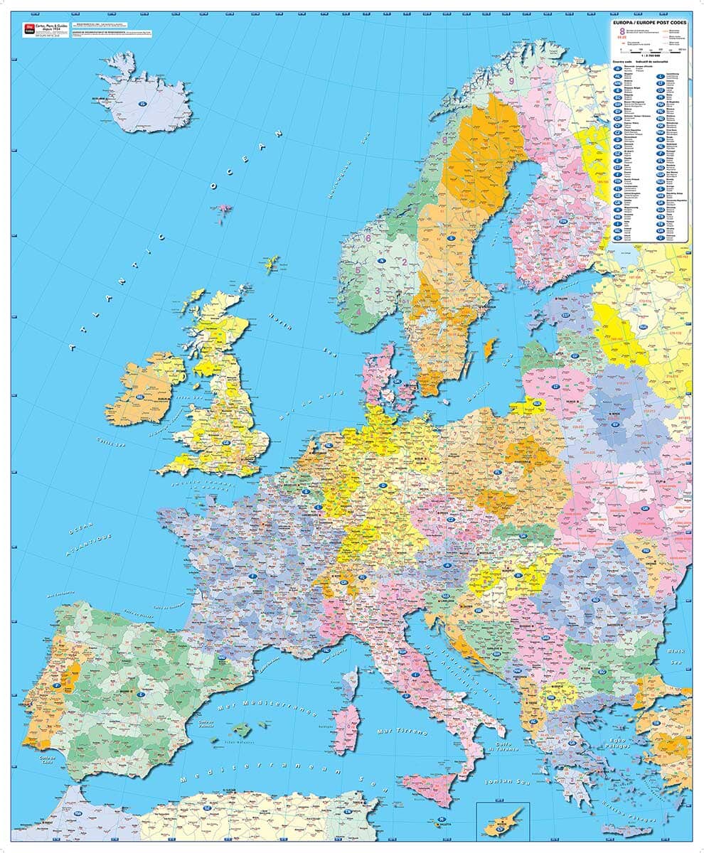 Carte murale plastifiée - Europe, codes postaux (95 x 115 cm) | Blay Foldex carte murale roulée (en tube) Blay Foldex