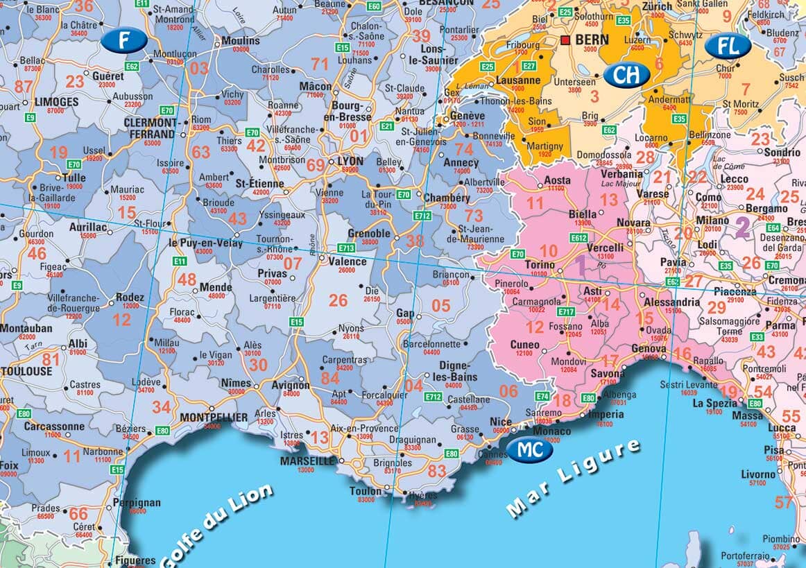 Carte murale plastifiée - Europe, codes postaux (95 x 115 cm) | Blay Foldex carte murale roulée (en tube) Blay Foldex