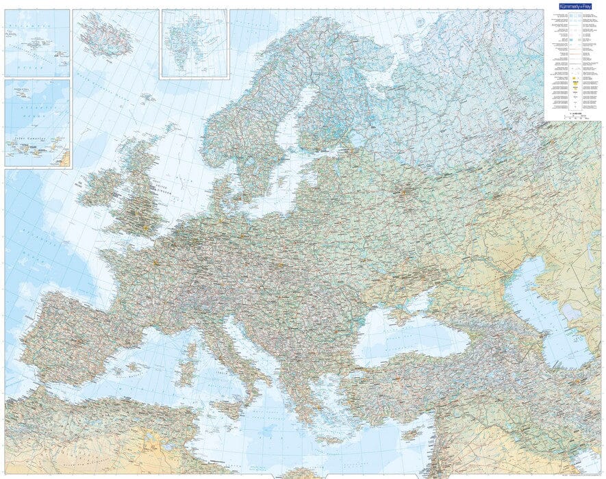 Carte murale plastifiée - Europe physique - 126 x 100 cm | Kümmerly & Frey carte murale roulée (en tube) Kümmerly & Frey