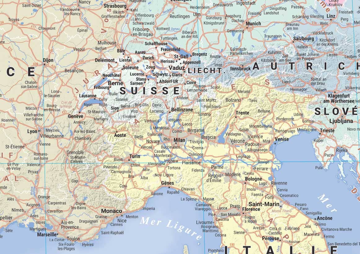 Carte murale plastifiée - Europe routière (120 x 100) | Blay Foldex carte murale roulée (en tube) Blay Foldex