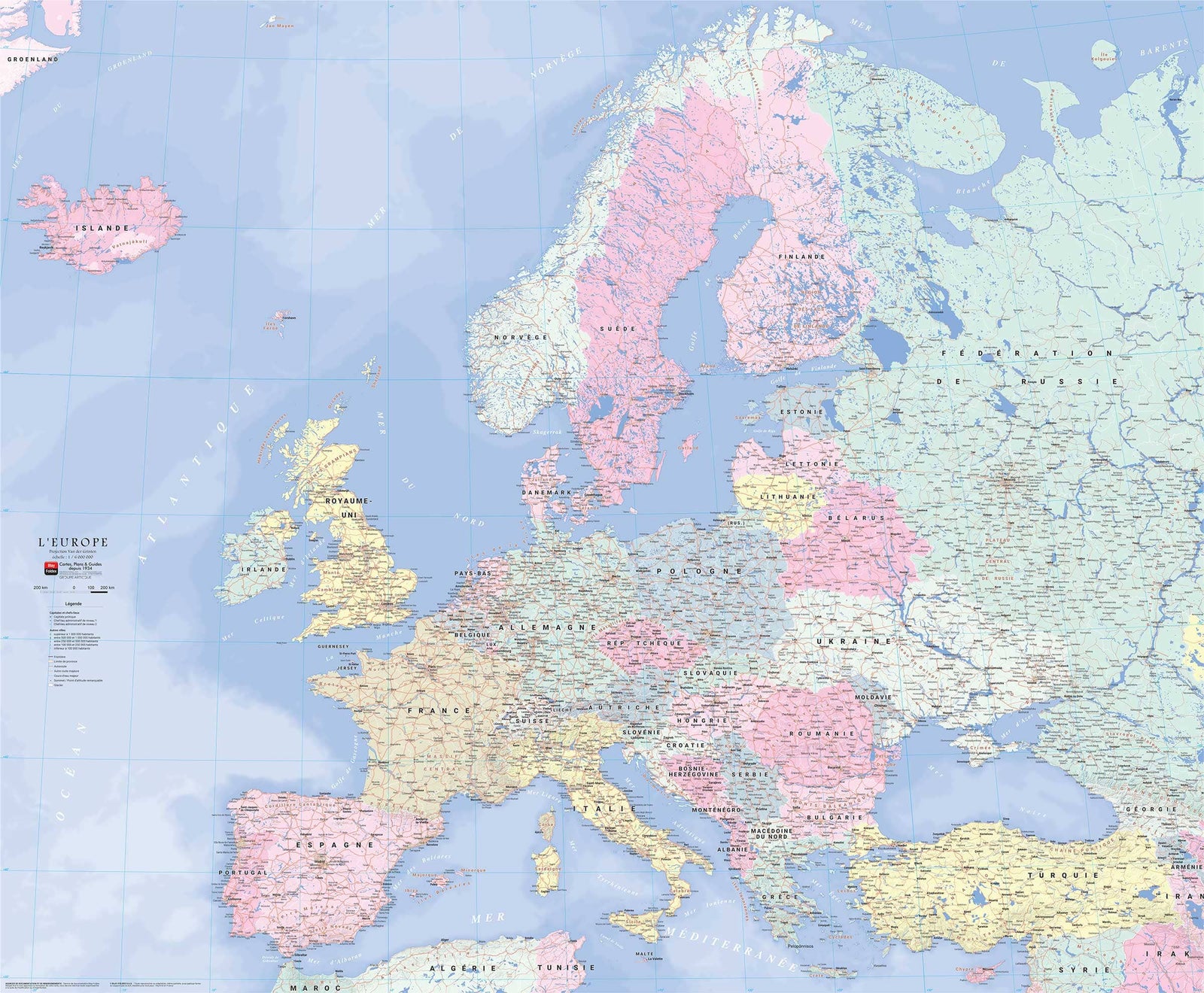 Carte murale plastifiée - Europe routière (120 x 100) | Blay Foldex carte murale roulée (en tube) Blay Foldex