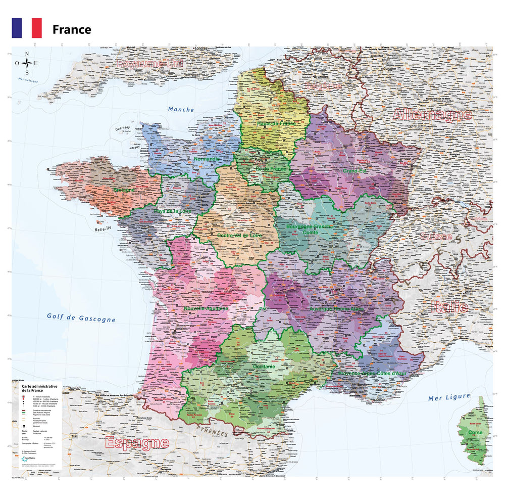 Carte murale plastifiée - France administrative (100 x 100 cm), avec baguettes en bois | GeoMetro carte murale petit tube taux réduit GeoMetro 
