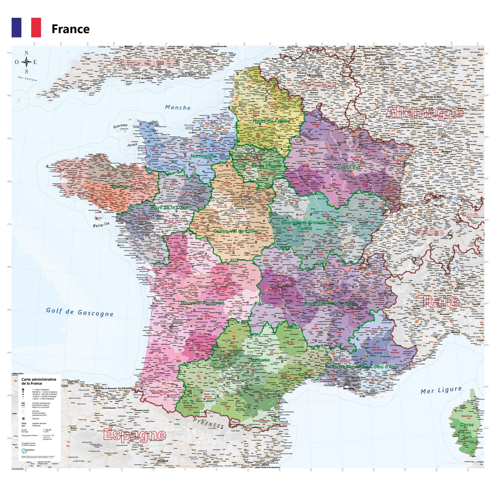Carte murale plastifiée - France administrative (100 x 100 cm), avec baguettes de maintien en bois | GeoMetro carte murale roulée (en tube) GeoMetro