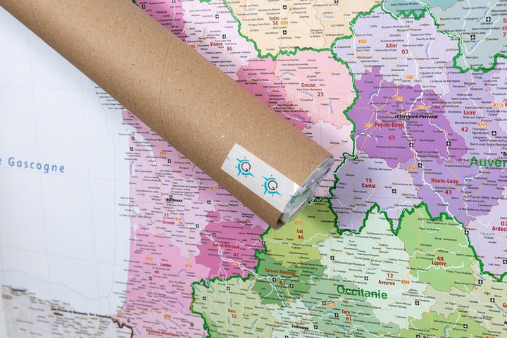 Carte murale plastifiée - France administrative (100 x 100 cm), avec baguettes en bois | GeoMetro carte murale petit tube taux réduit GeoMetro 