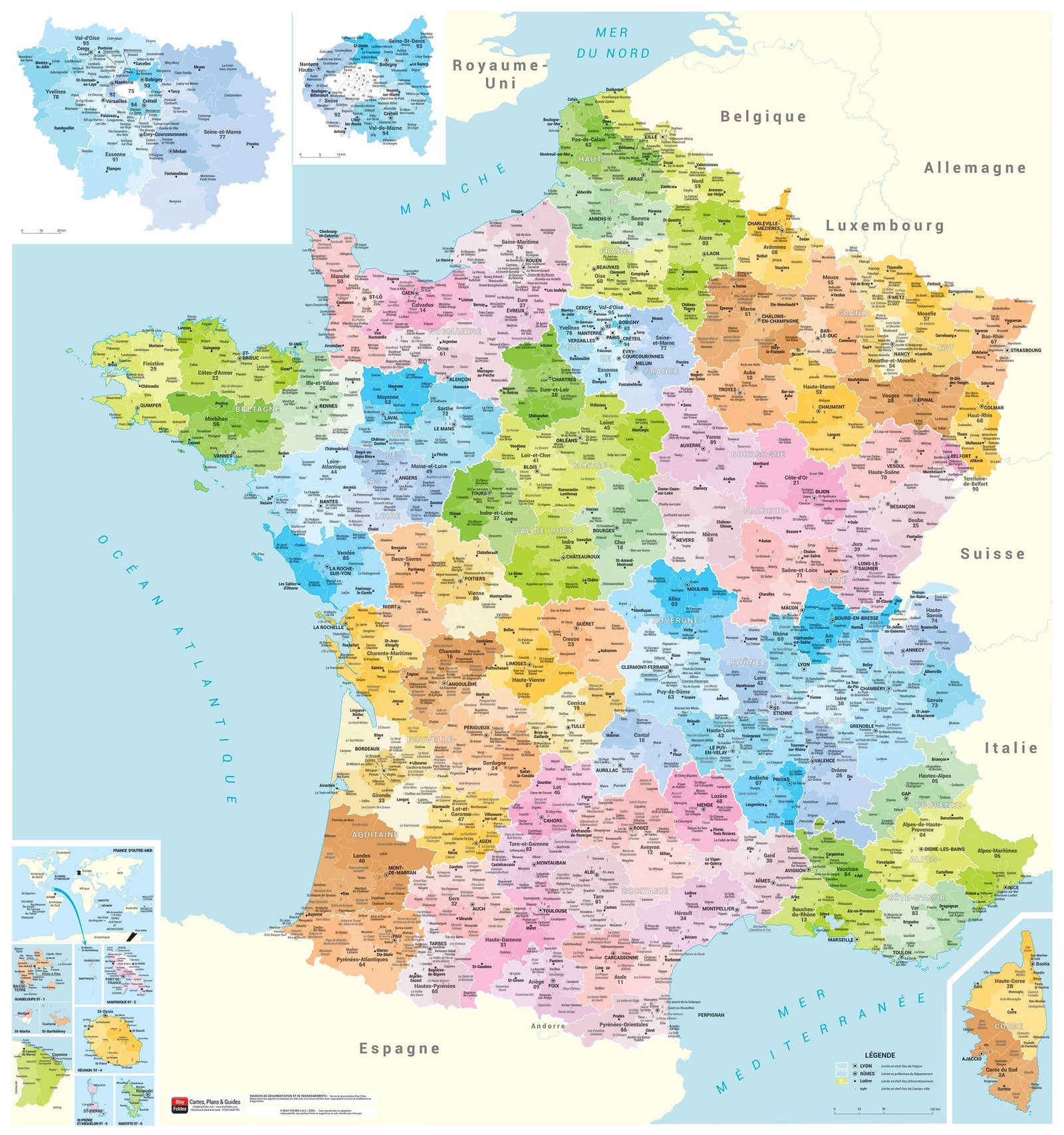 Carte murale plastifiée - France administrative (90 x 96 cm) | Blay Foldex carte murale roulée (en tube) Blay Foldex