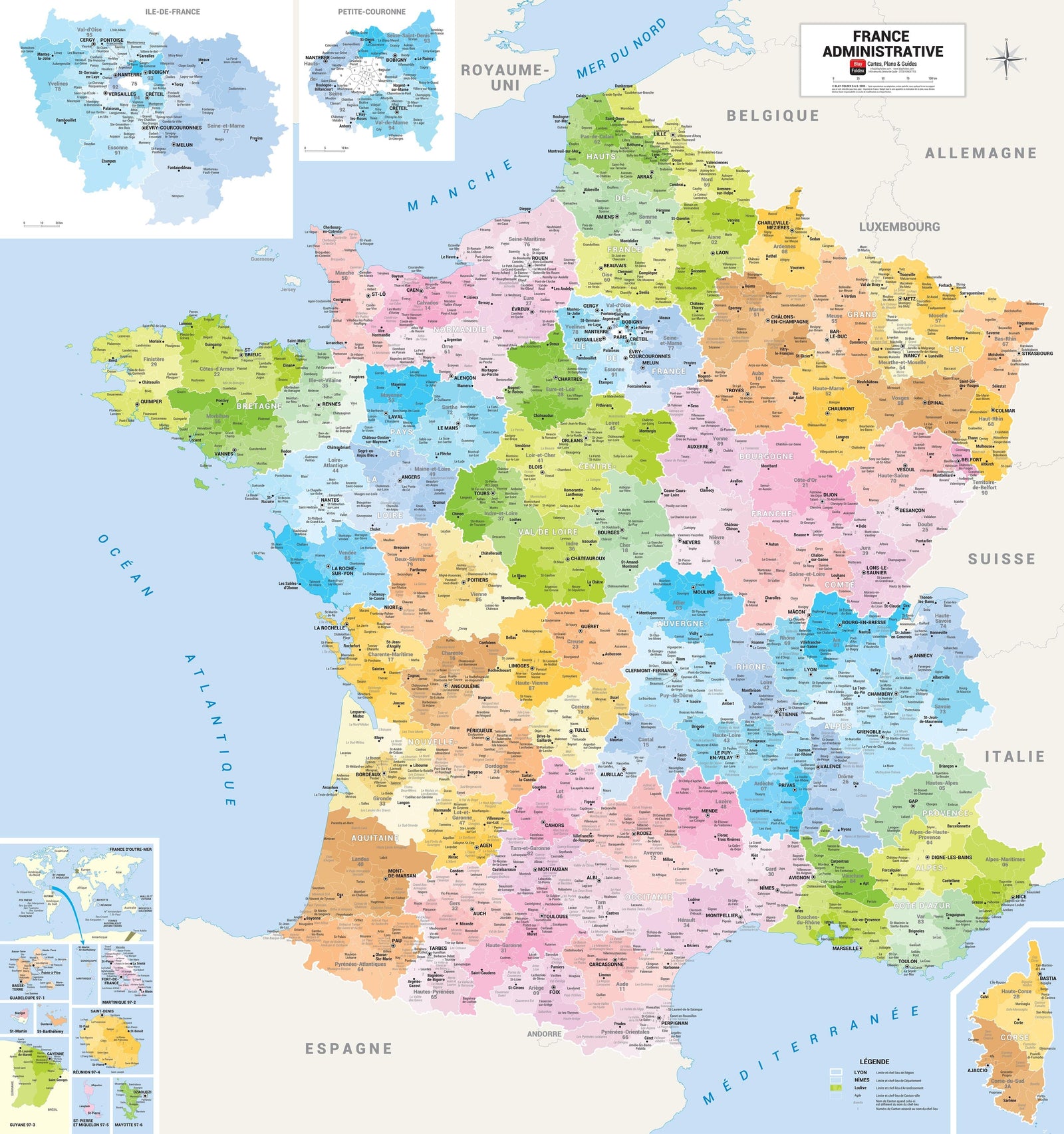Carte murale plastifiée - France administrative (90 x 96 cm) | Blay Foldex carte murale roulée (en tube) Blay Foldex 