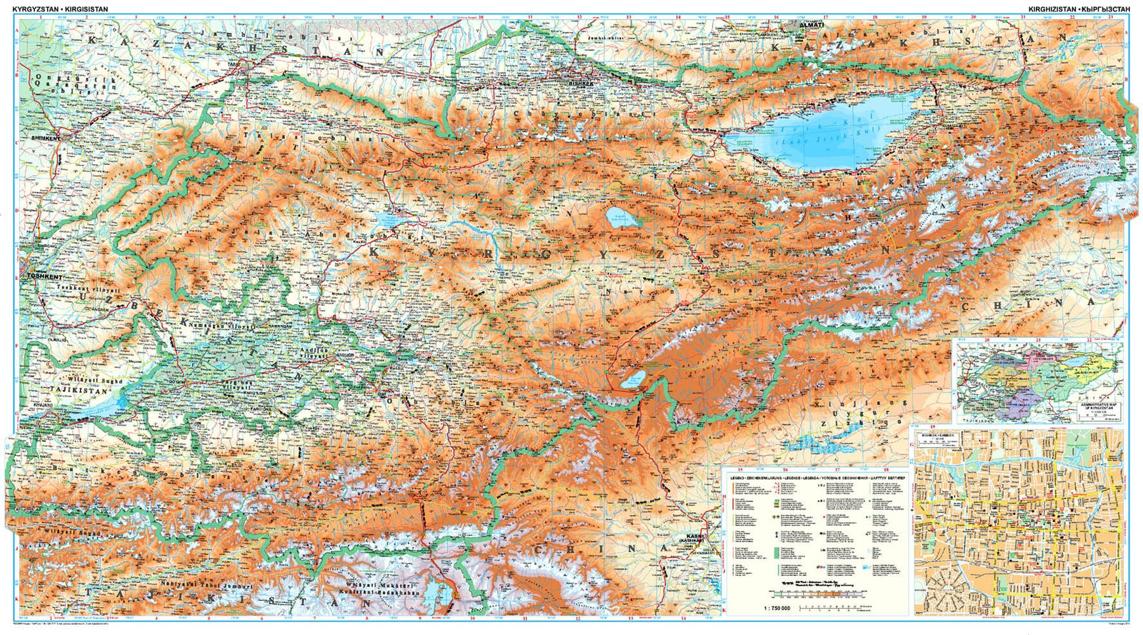 Carte murale plastifiée - Kyrgyzstan (géographique) - 124 x 70 cm | Gizi Map carte murale roulée (en tube) Gizi Map