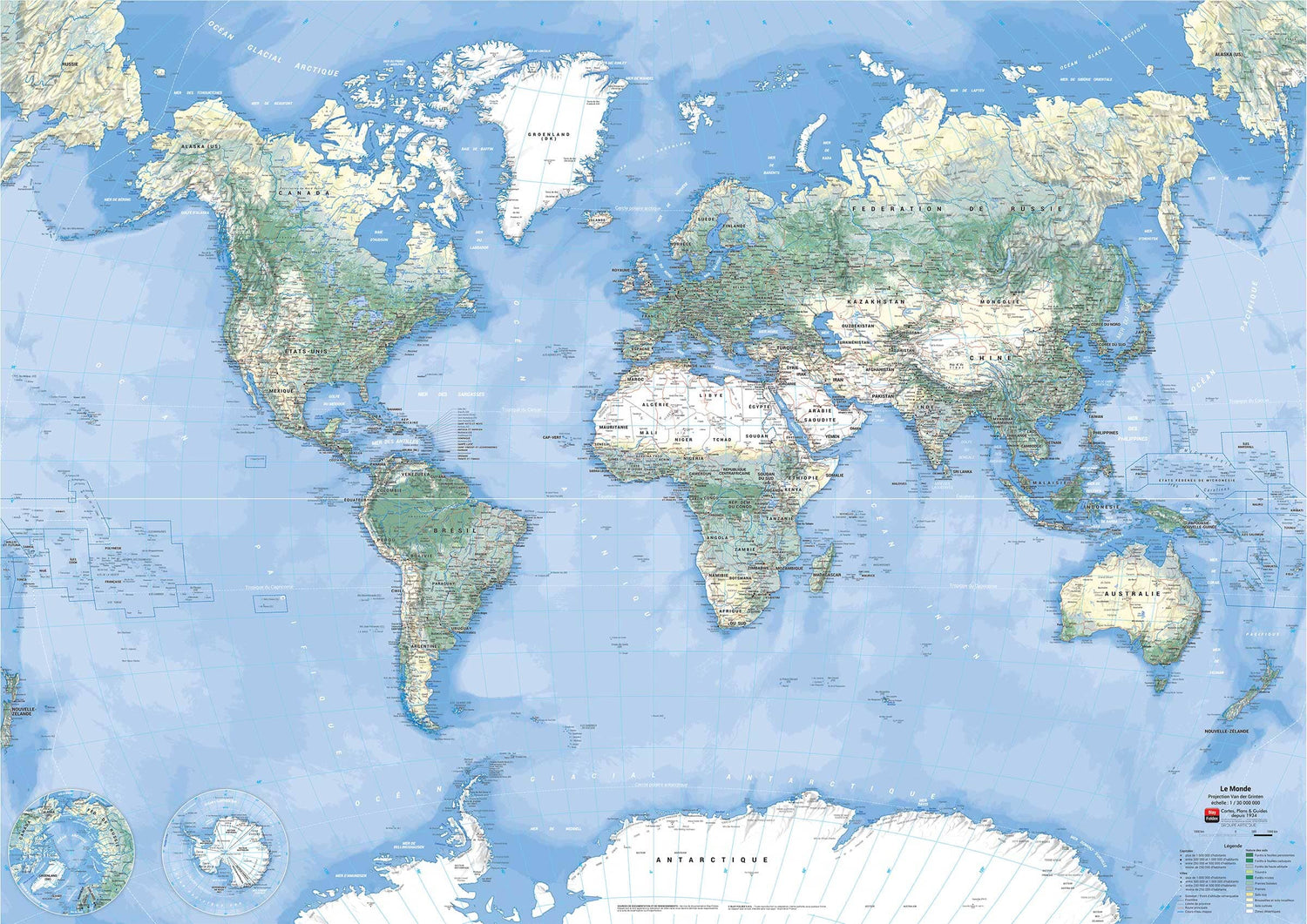 Carte murale plastifiée - Monde avec nature des sols (133 x 90 cm) | Blay Foldex carte murale roulée (en tube) Blay Foldex