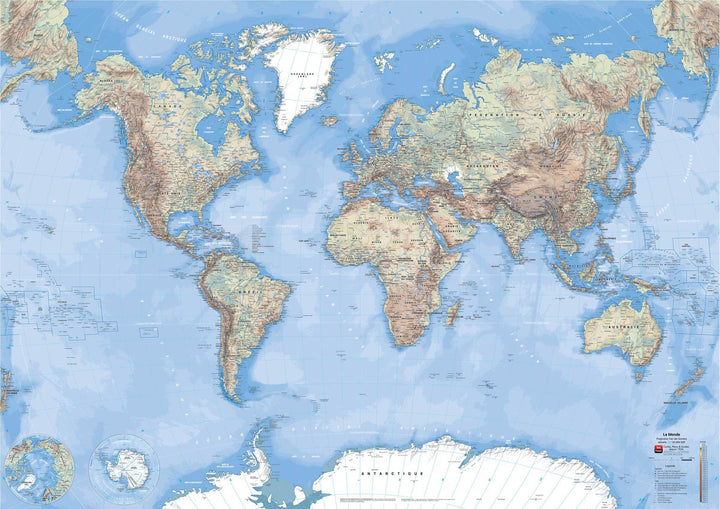 Carte murale plastifiée - Monde avec relief et altitude (133 x 90 cm) | Blay Foldex carte murale hors dimensions Blay Foldex 