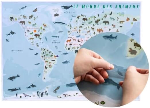 Carte murale plastifiée pour enfants - Monde des animaux (84 x 60 cm), avec 140 autocollants | GeoMetro carte murale roulée (en tube) GeoMetro