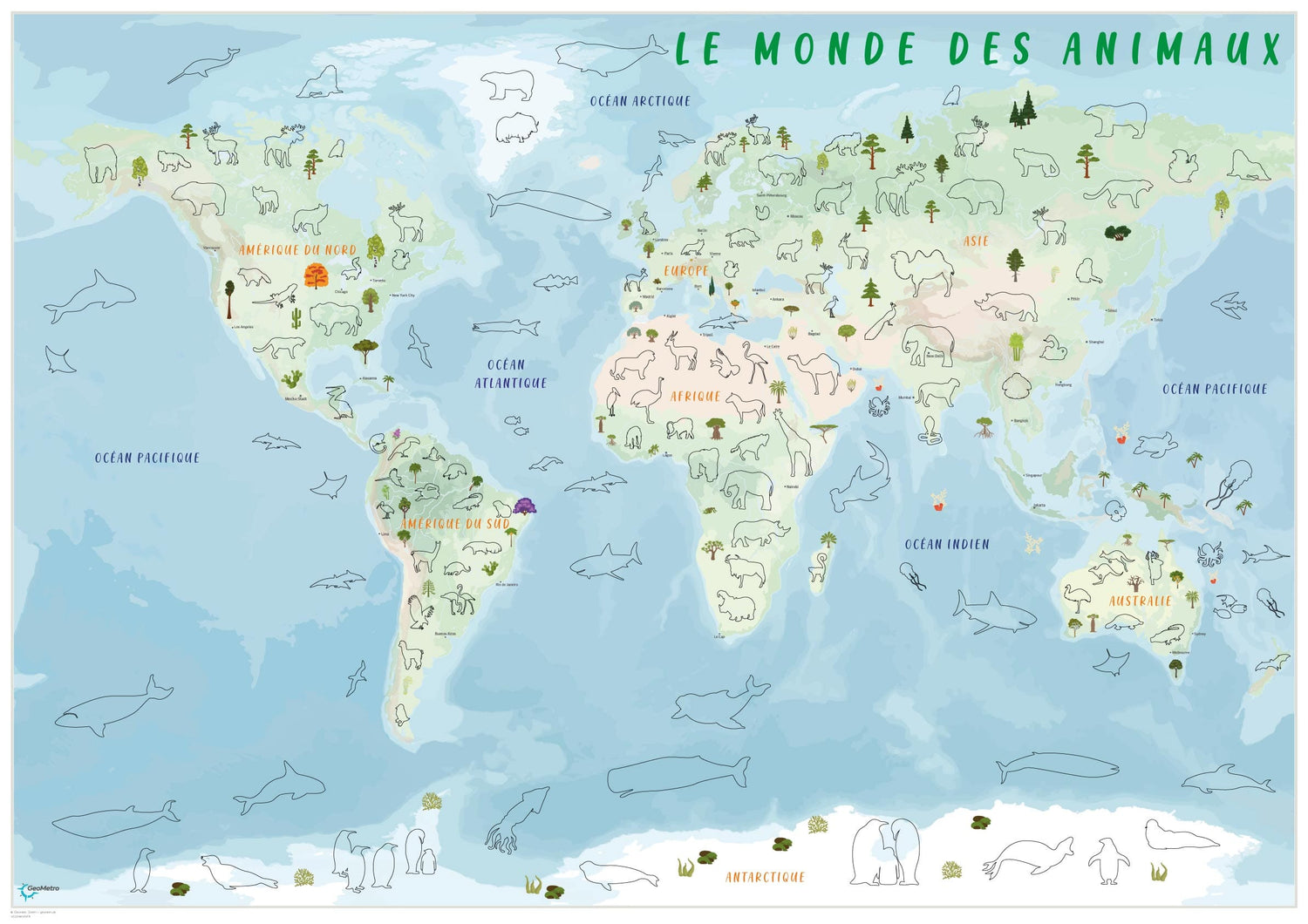 Carte murale plastifiée pour enfants - Monde des animaux (84 x 60 cm), avec 140 autocollants | GeoMetro carte murale roulée (en tube) GeoMetro
