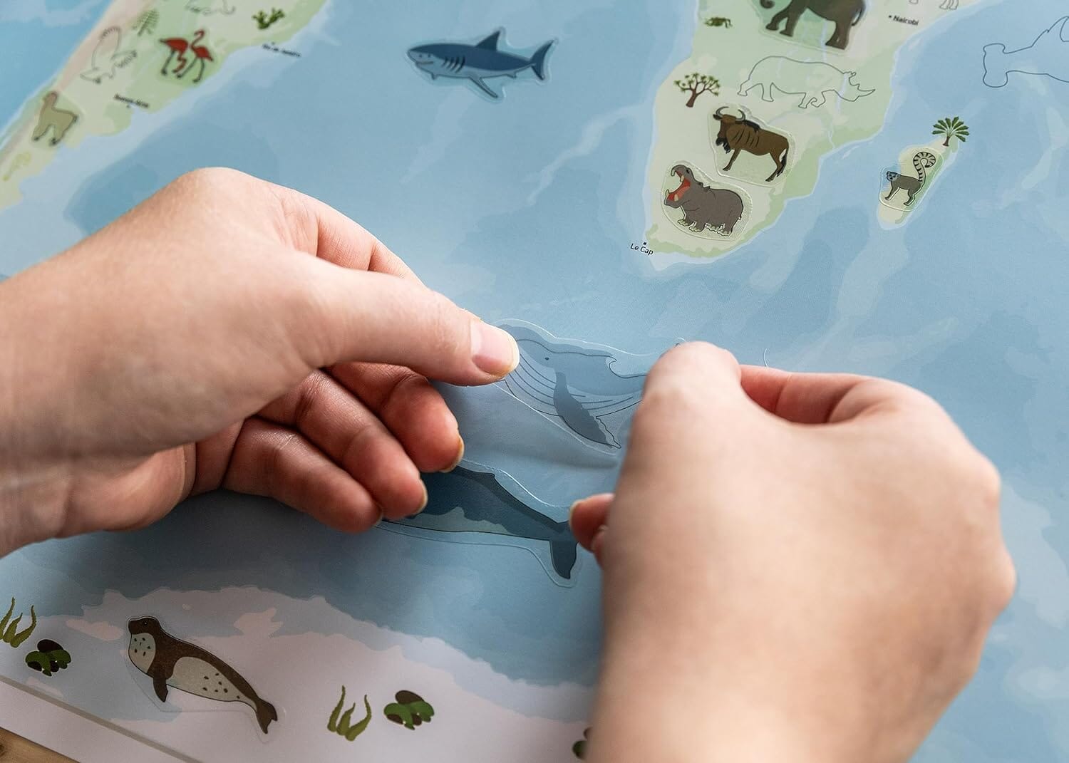 Carte murale plastifiée pour enfants - Monde des animaux (84 x 60 cm), avec 140 autocollants | GeoMetro carte murale roulée (en tube) GeoMetro