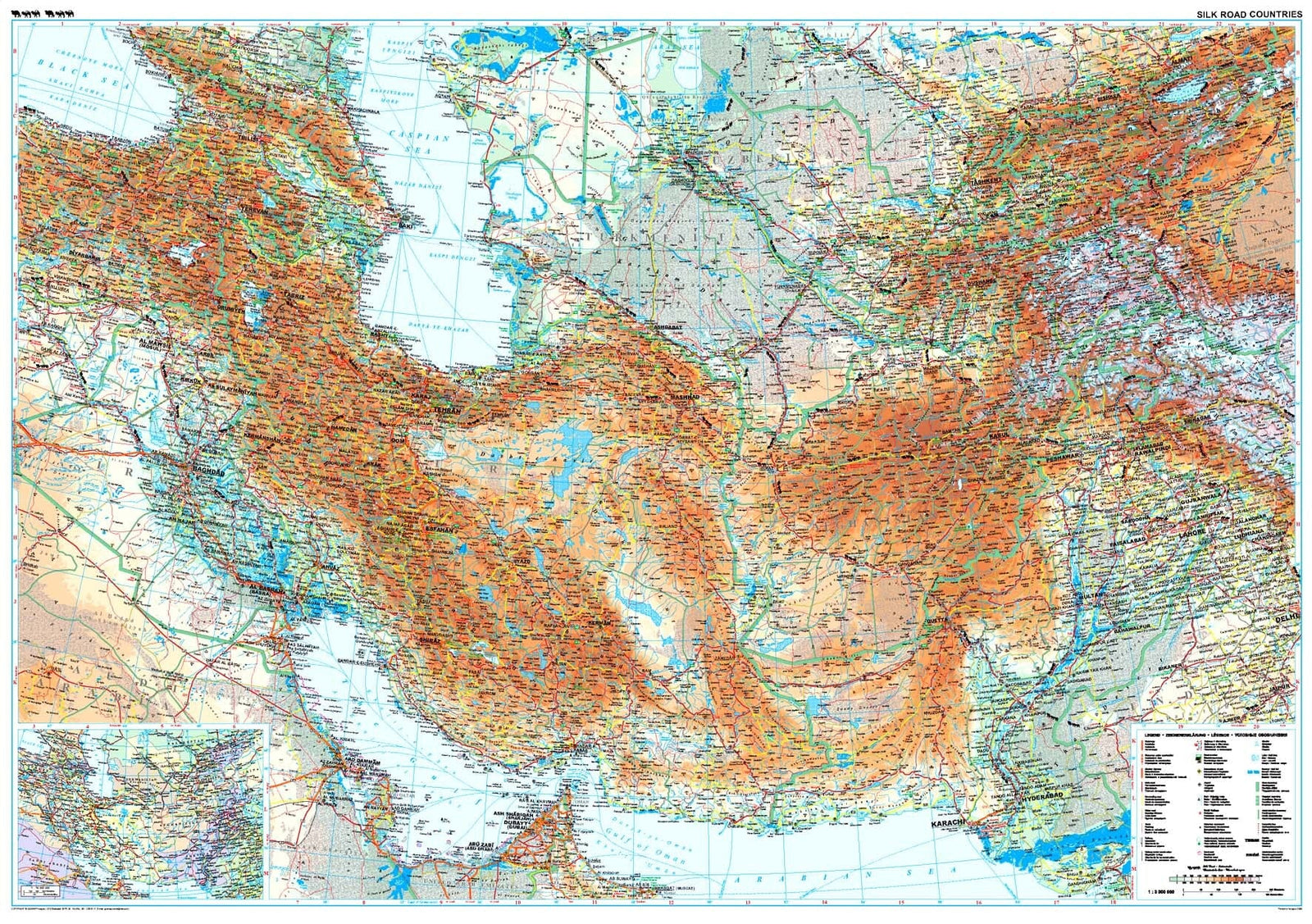 Carte murale plastifiée - Route de la Soie (géographique) - 124 x 87 cm | Gizi Map carte murale roulée (en tube) Gizi Map