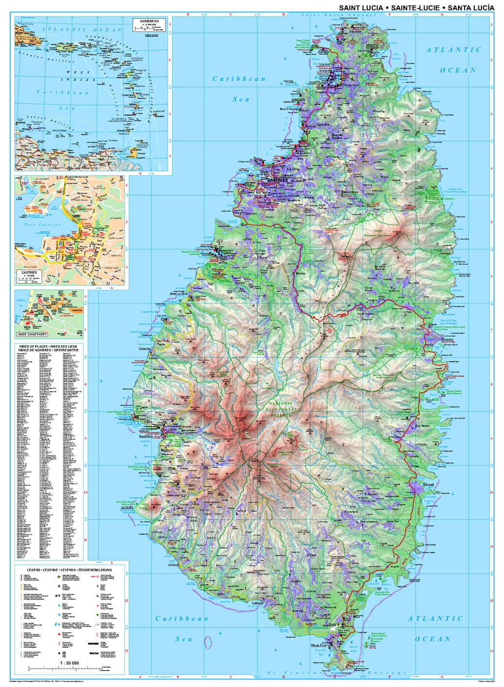 Carte murale plastifiée - Sainte Lucie (routière) - 93 x 69 cm | Gizi Map carte murale roulée (en tube) Gizi Map