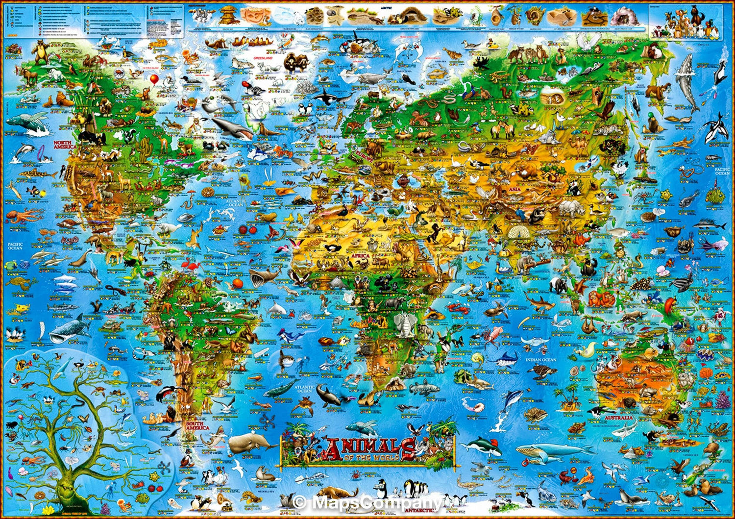 Carte murale pour enfants avec lattes métalliques de maintien - Les animaux du monde (plastifiée, en anglais) - 137 x 100 cm | Dino carte murale roulée (en tube) Dino's Maps