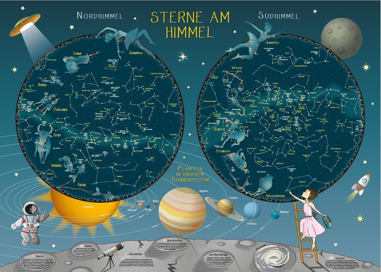 Carte murale pour enfants (en anglais) - Stars in the Sky (100 x 70 cm) | Huber carte murale roulée (en tube) Huber