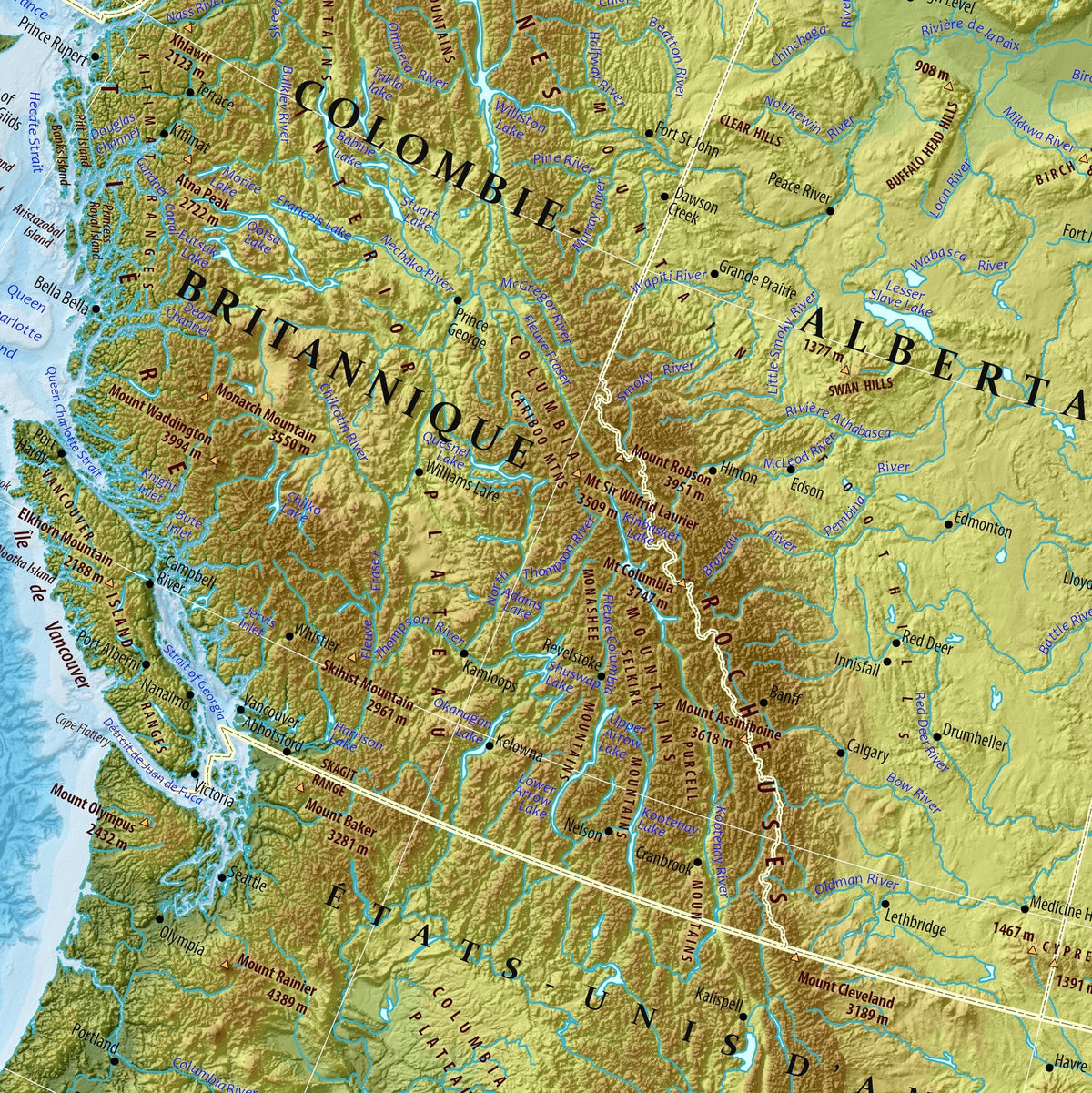 Close-up of the French edition of Relief of Canada: Rocky Mountains, British Columbia and Alberta