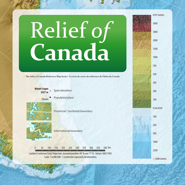 Close-up of the English edition of Relief of Canada: title and elevation legend