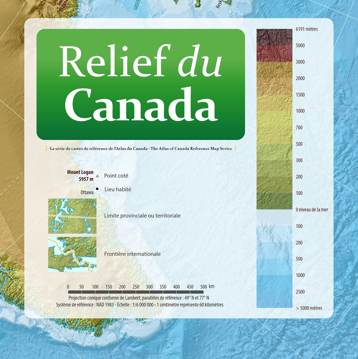 Close-up of the French edition of Relief of Canada: title block and elevation legend