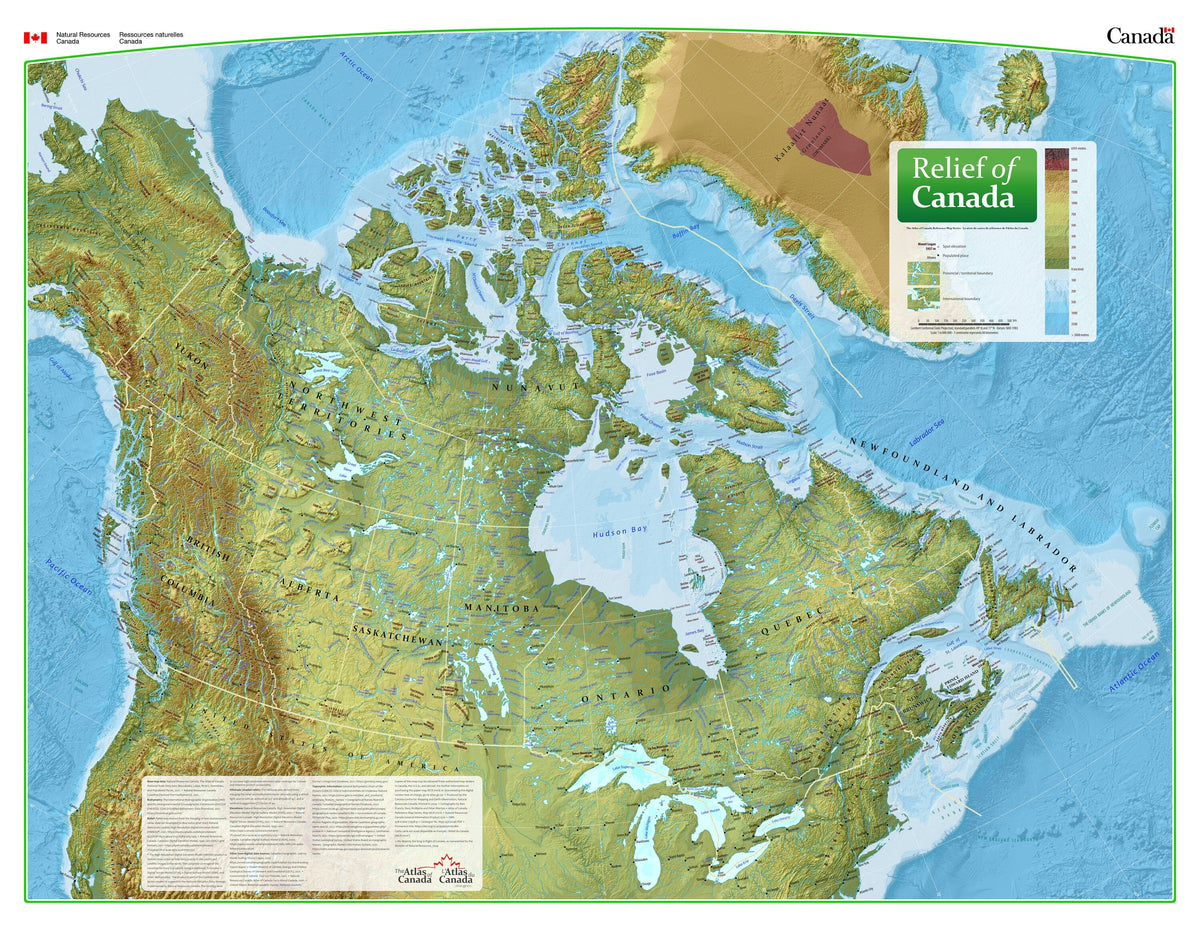 Relief of Canada wall map, English edition (Atlas of Canada): colour relief and ocean floor