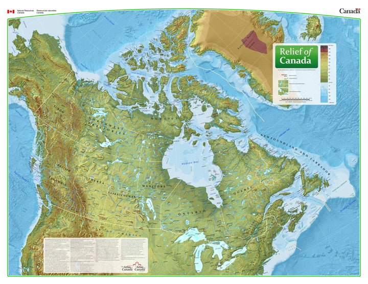 Relief of Canada wall map, English edition (Atlas of Canada): colour relief and ocean floor