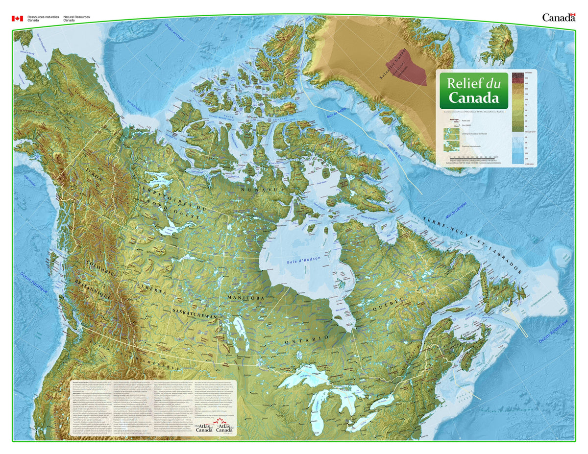 Relief of Canada wall map, French edition (Atlas of Canada): colour relief and ocean floor