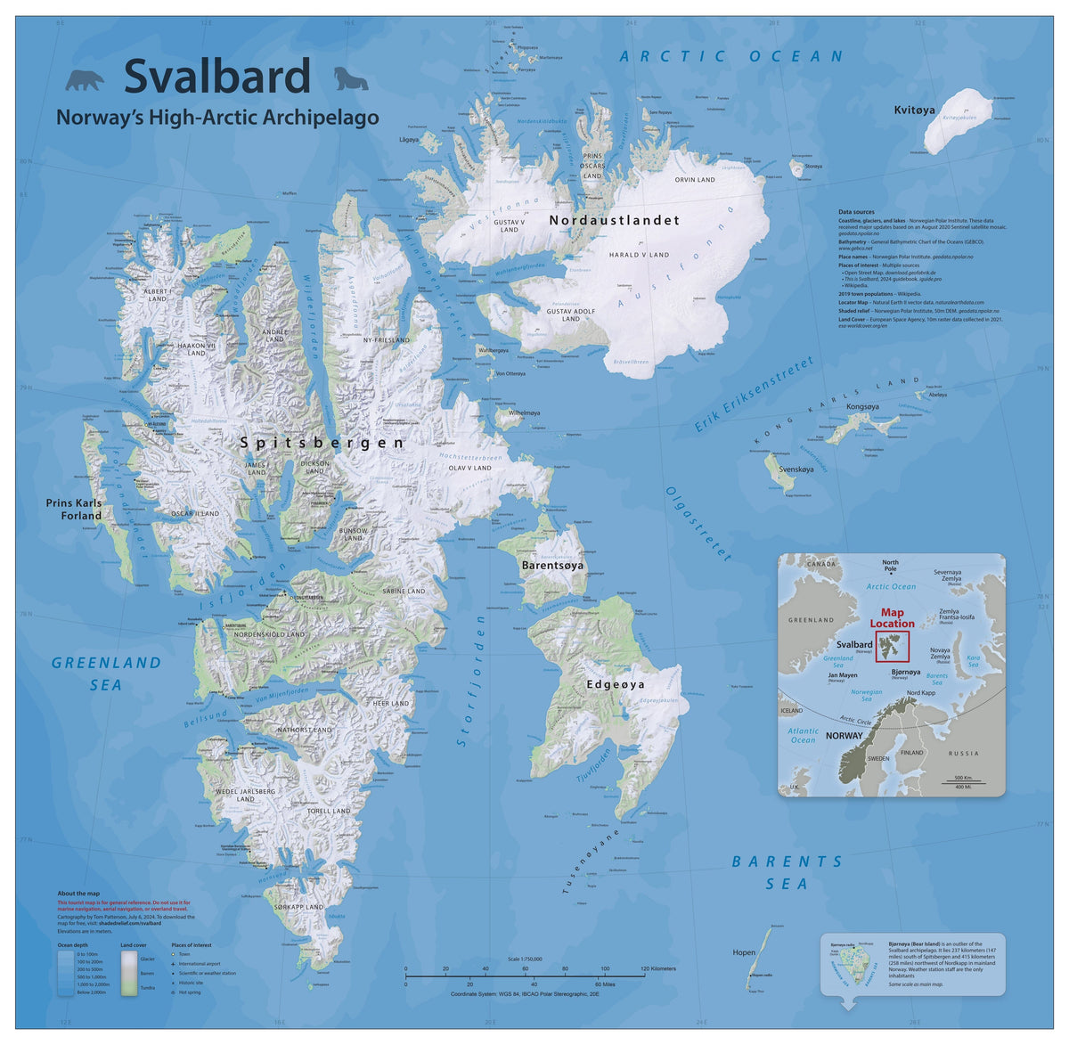 Carte murale - Svalbard, archipel du Haut-Arctique norvégien - 91 x 89 cm - Édition Premium | Tom Patterson carte murale roulée (en tube) Tom Patterson