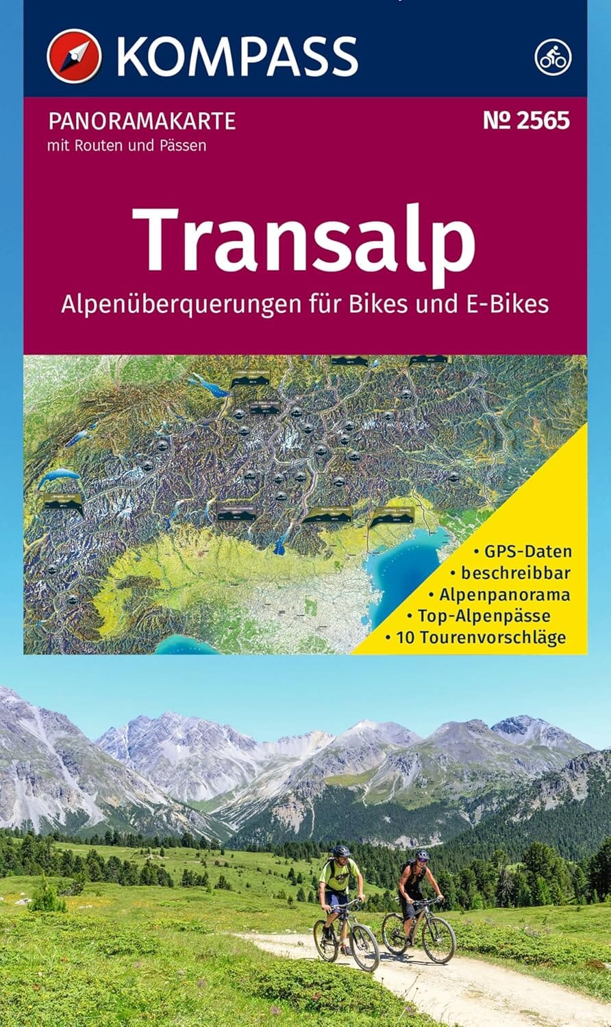 Carte panoramique des traversées des Alpes à vélo | Kompass carte cycliste Kompass 