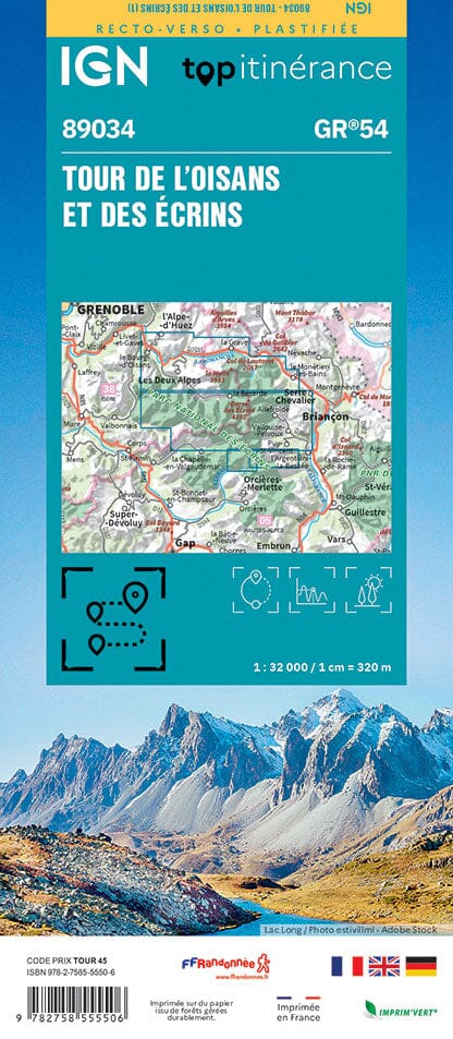 Carte plastifiée - Tour de l'Oisans et des Ecrins (GR54) | IGN carte de randonnée IGN