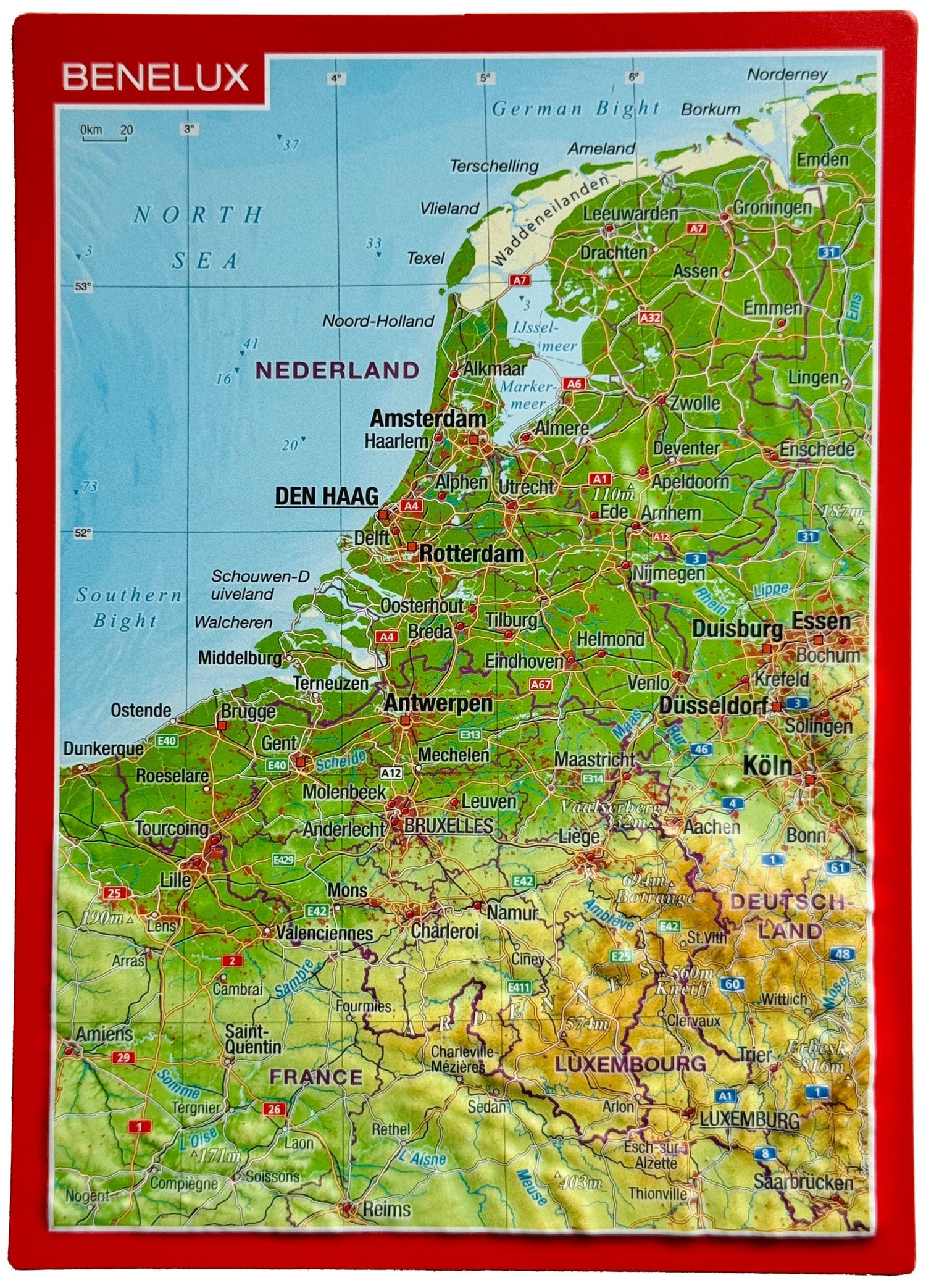 Carte postale en relief - Benelux | Georelief carte routière Georelief