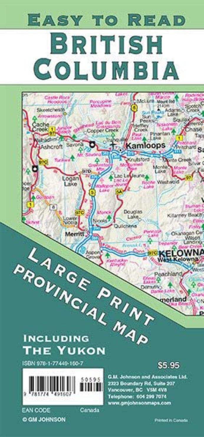 Carte provinciale - Colombie-Britannique, Yukon (gros caractères, facile à lire) | GM Johnson carte routière GM Johnson Default Title