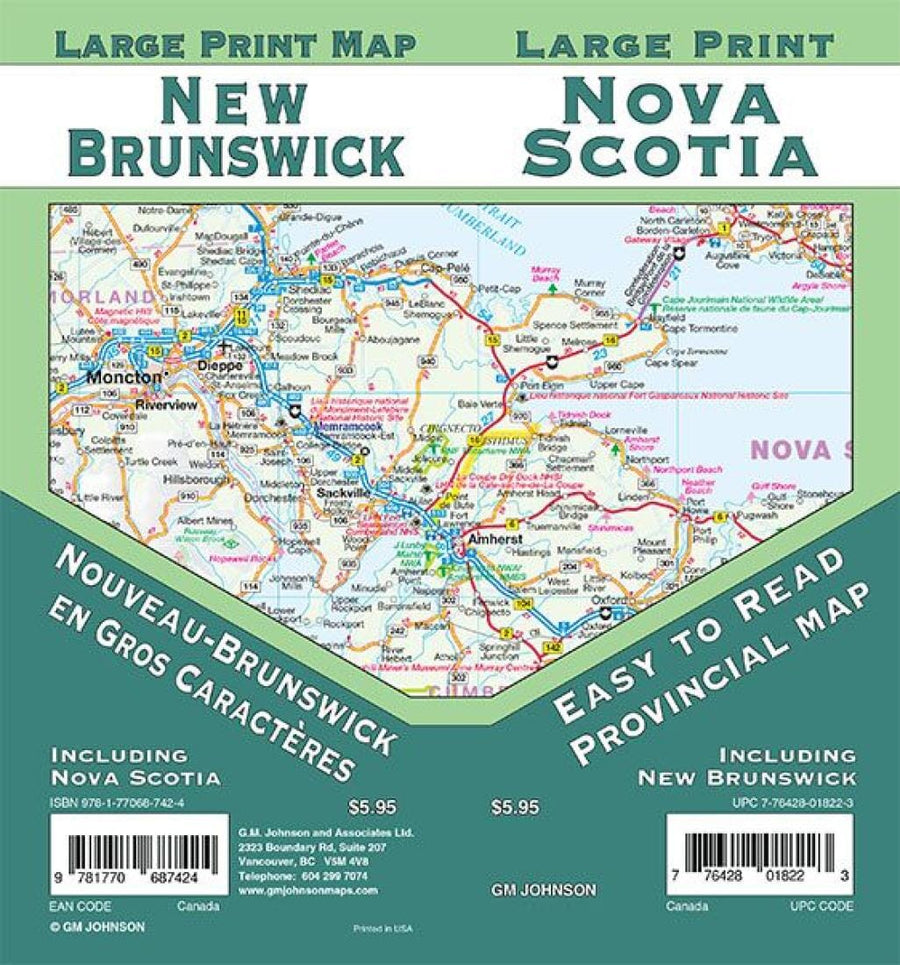 Carte provinciale - Nouveau-Brunswick, Nouvelle-Écosse (gros caractères) | GM Johnson carte pliée GM Johnson 