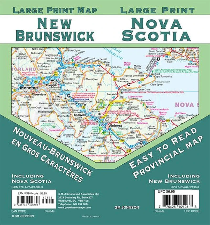 Carte provinciale - Nouveau-Brunswick, Nouvelle-Écosse (gros caractères) | GM Johnson carte routière GM Johnson 