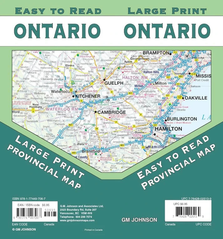 Carte provinciale - Ontario (gros caractères) | GM Johnson carte routière GM Johnson 