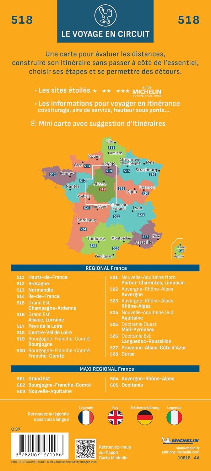 Carte régionale n° 518 - Centre-Val de Loire 2027 | Michelin carte routière Michelin 