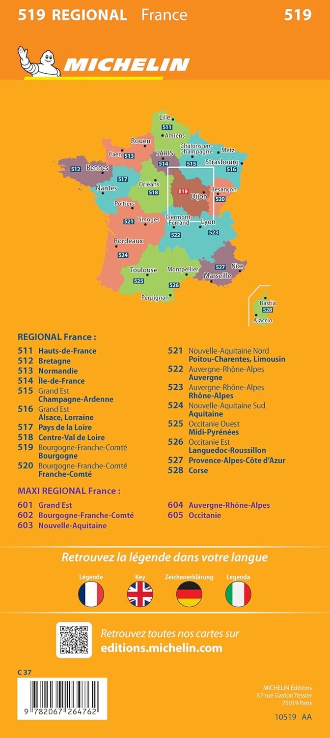 Carte régionale n° 519 - Bourgogne-Franche-Comté : Bourgogne 2025 | Michelin carte pliée Michelin 