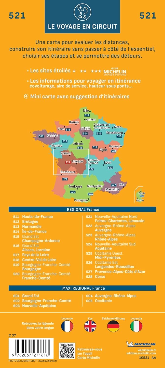 Carte régionale n° 521 - Nouvelle-Aquitaine Nord : Poitou-Charentes, Limousin 2027 | Michelin carte routière Michelin 