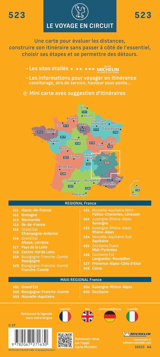 Carte régionale n° 523 - Rhône-Alpes 2027 | Michelin carte routière Michelin 