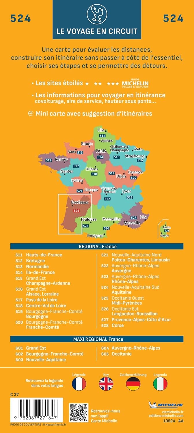Carte régionale n° 524 - Nouvelle-Aquitaine Sud 2027 | Michelin carte routière Michelin 