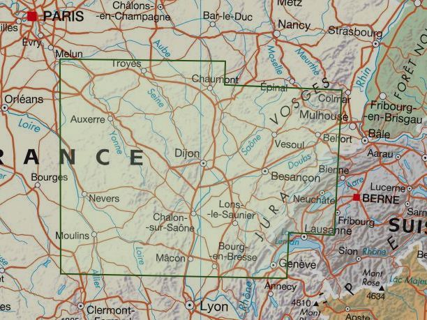 Carte régionale n° 9 : Bourgogne & Franche Comté - VERSION MURALE ET PLASTIFIEE | IGN carte murale roulée (en tube) IGN