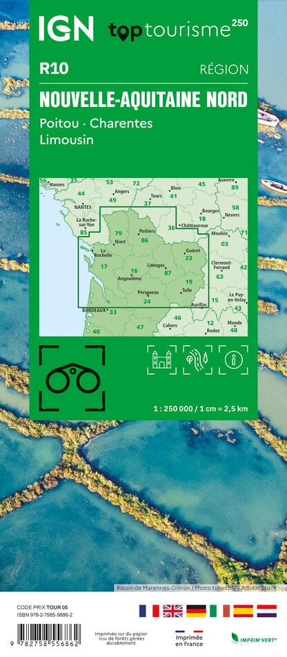 Carte régionale TOP 250 n° 10 - Nouvelle-Aquitaine Nord (Poitou, Charentes, Limousin) | IGN carte routière IGN
