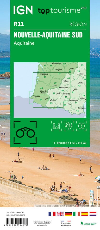 Carte régionale TOP 250 n° 11 - Nouvelle-Aquitaine Sud (Aquitaine) | IGN carte routière IGN
