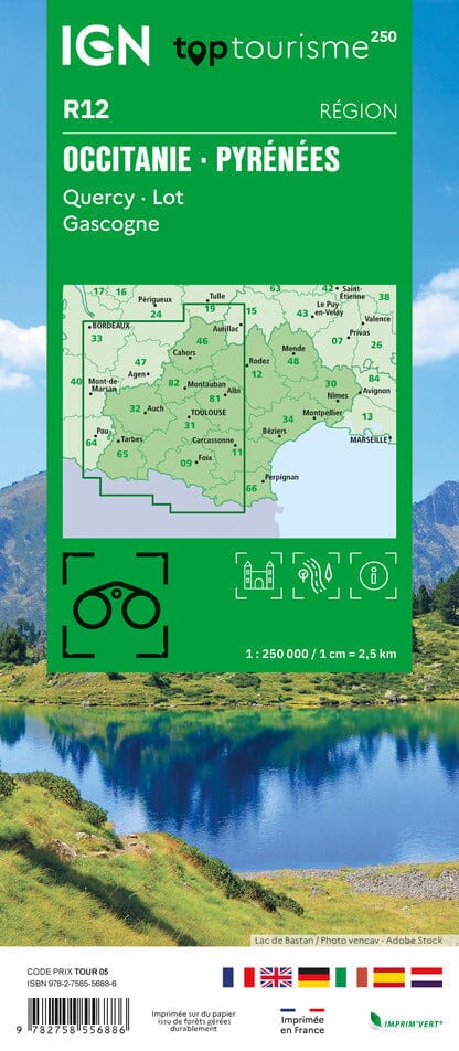 Carte régionale TOP 250 n° 12 - Occitanie (Pyrénées, Quercy, Lot, Gascogne) | IGN carte routière IGN