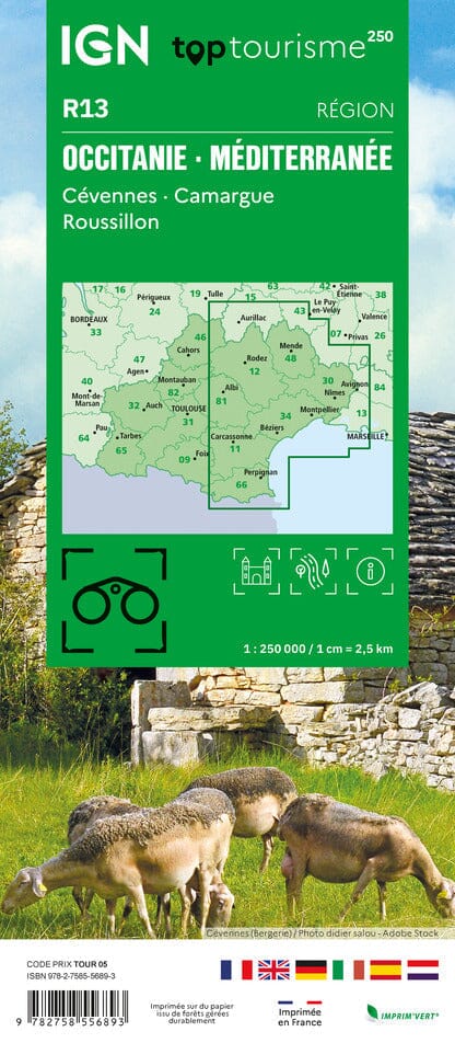 Carte régionale TOP 250 n° 13 - Occitanie (Méditerranée, Cévennes, Camargue, Roussillon) | IGN carte routière IGN