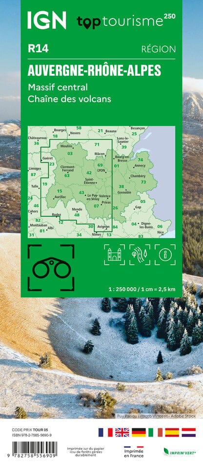 Carte régionale TOP 250 n° 14 - Auvergne-Rhône-Alpes (Massif Central, Chaîne des Volcans) | IGN carte routière IGN
