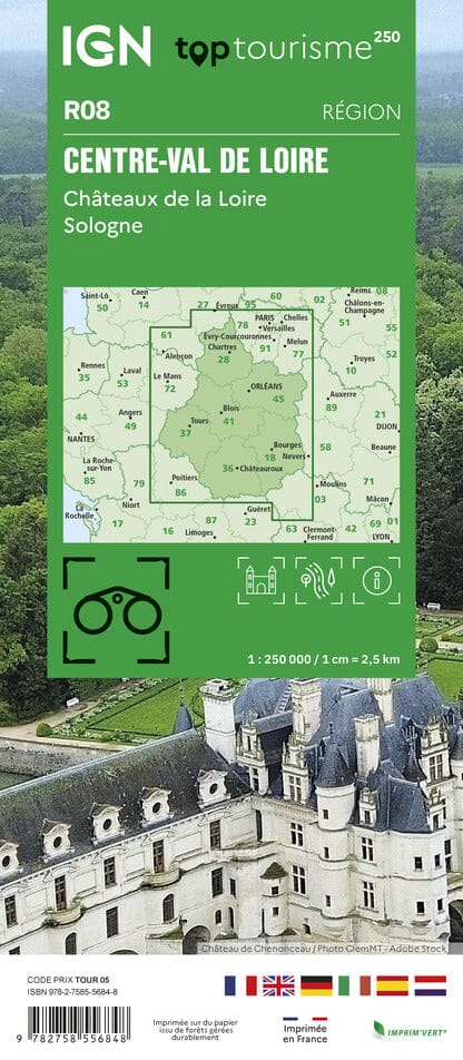 Carte régionale TOP 250 n° 8 - Centre, Val de Loire, Châteaux de la Loire, Sologne | IGN carte pliée IGN 