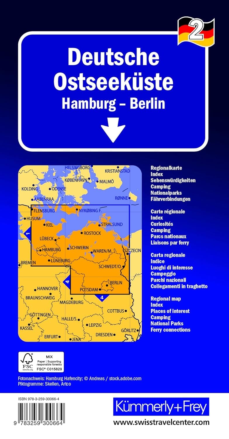 Carte routière - Allemagne n° 2 : Côte allemande de la mer Baltique, de Hambourg à Berlin | Kümmerly & Frey carte routière Hallwag Kümmerly-Frey 