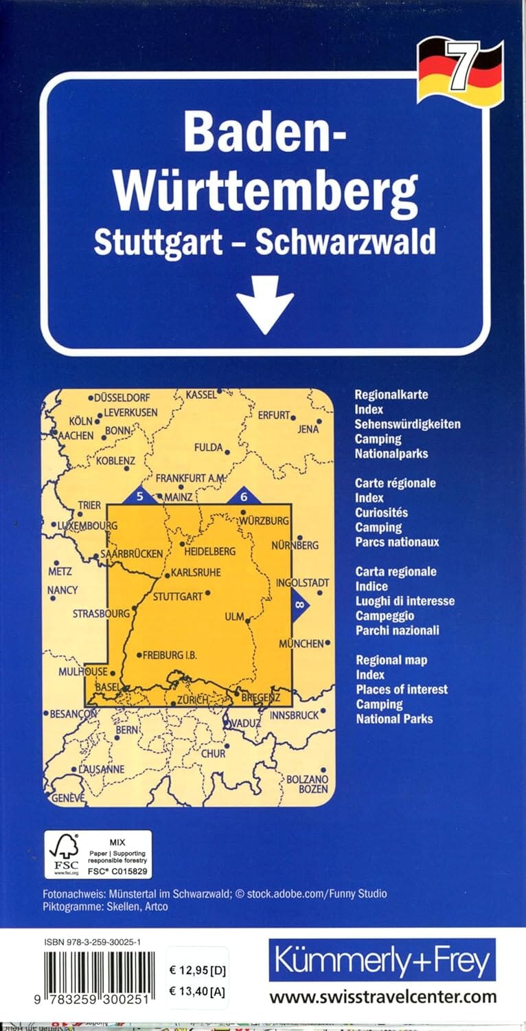 Carte routière - Allemagne n° 7 : Bade-Wurtemberg, Stuttgart, Forêt Noire | Kümmerly & Frey carte pliée Kümmerly & Frey 