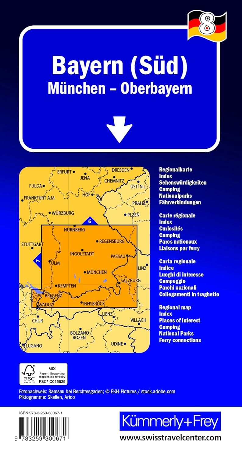Carte routière - Allemagne n° 8 : Bavière Sud, Münich, Haute-Bavière | Kümmerly & Frey carte routière Hallwag Kümmerly-Frey 