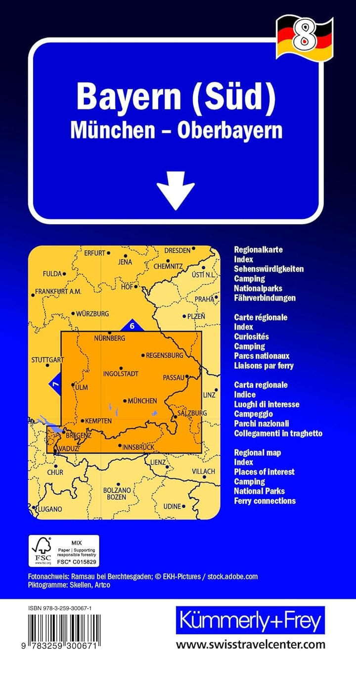 Carte routière - Allemagne n° 8 : Bavière Sud, Münich, Haute-Bavière | Kümmerly & Frey carte routière Hallwag Kümmerly-Frey 
